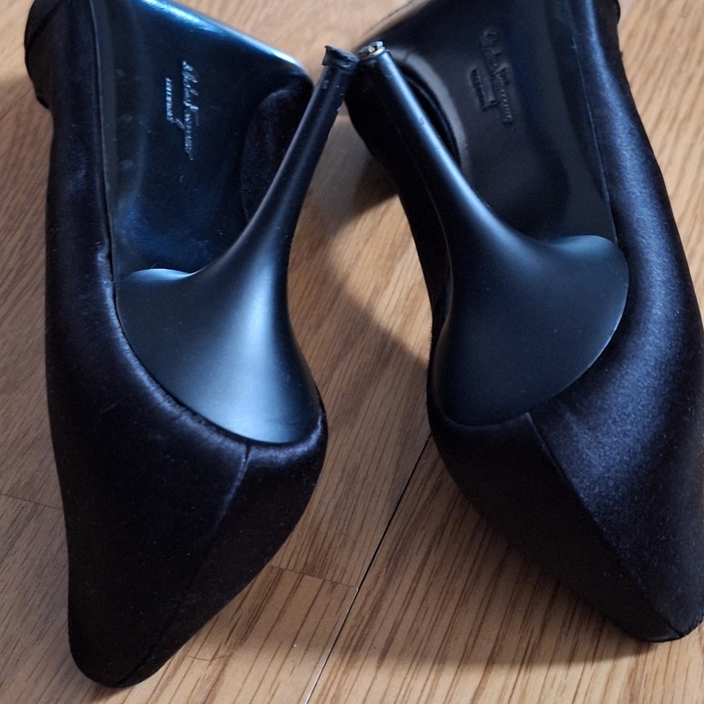 Salvatore Ferragamo "Societe" Black Satin Peep Toe Pumps - Size 11 B - Picture 11 of 15